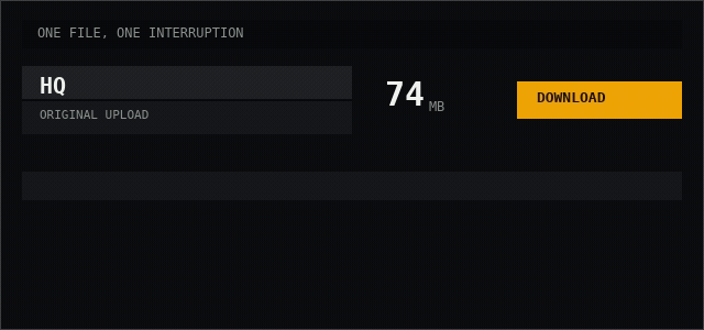 A board with one service posted, HQ at 74 MB, and its download pressed. A progress track fills in amber to 41 MB of 74 MB, then turns red with the badge Connection dropped and holds. The bar then resumes in amber from 41 MB rather than from zero, running to 74 MB of 74 MB, and the line reads: it continued, it did not start again.